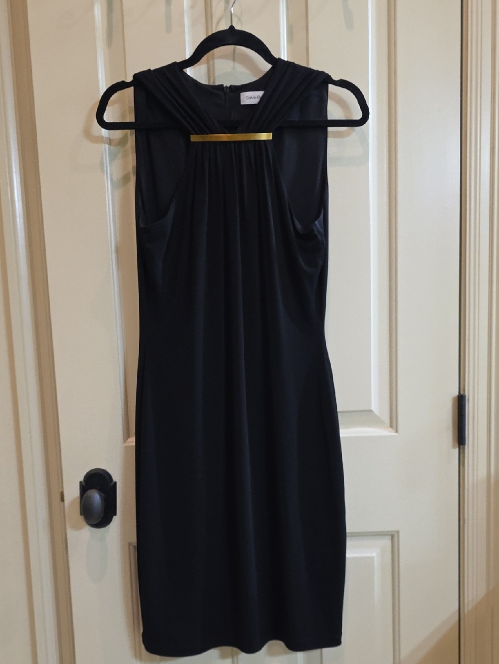 Calvin Klein Black Sleeveless Sheath Dress with Gold Bar